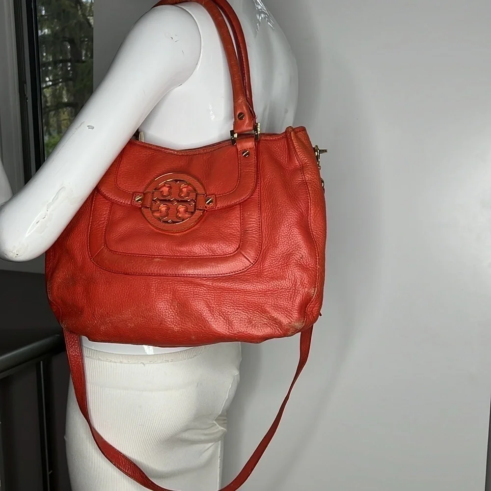 Tory Burch Amanda Orange Salmon Leather Satchel Shoulder Crossbody Bag